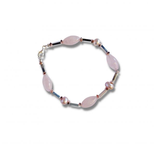 Bracciale Match Colors 1 filo Ematite silver e rosa, Perle rosa e Quarzo