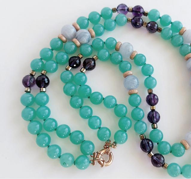 Collana in Giada verde, Calcedonio e Ametista