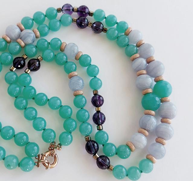 Collana in Giada verde, Calcedonio e Ametista
