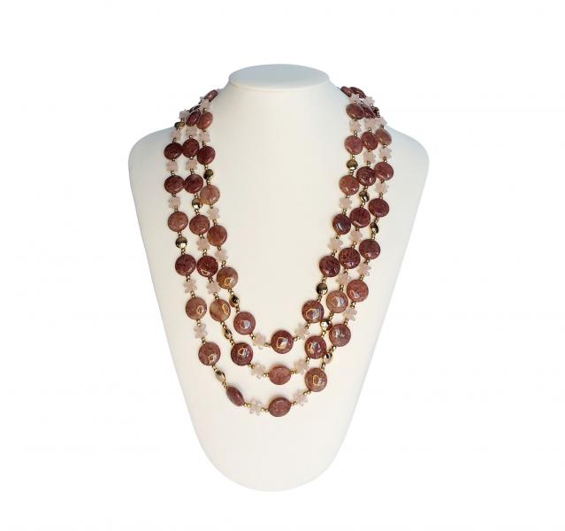 Collana_3_fili_Ematite_Gold,_stelle_in_Quarzo_rosa_e_Muscovite