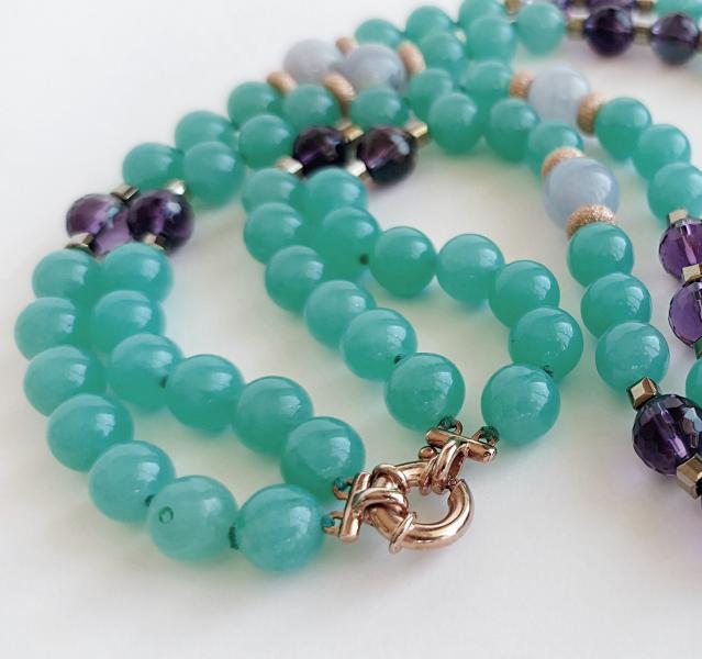Collana in Giada verde, Calcedonio e Ametista
