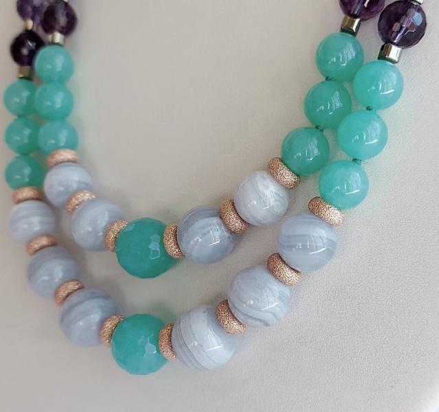 Collana in Giada verde, Calcedonio e Ametista
